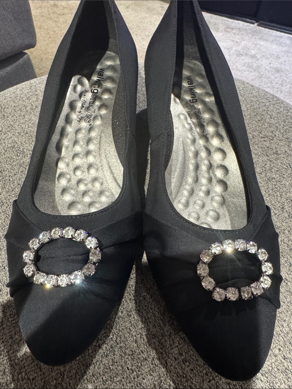 Walking Cradles Black Pointed Flats with Crystal Oval Buckles